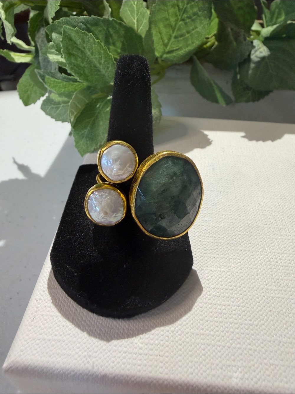 Gold-Plated Green Stone and Pearl Cluster Ring